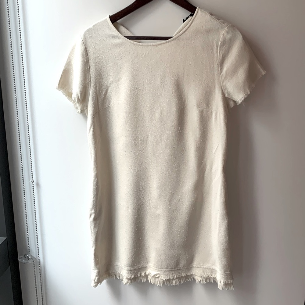 Linen mini dress with fringes trim